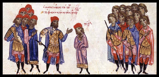Vysoký byzantský hodnostář se znaky svého úřadu – iluminace z madridského rukopisu kroniky Ioanna Skylitza (12. stol.).