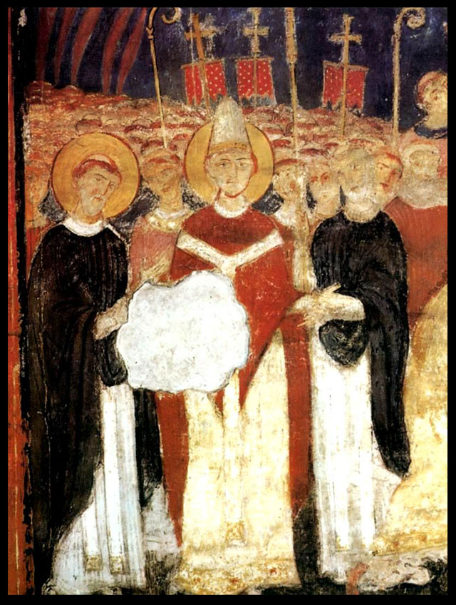 Papež Hadrián II. vítá v Římě Konstantina a Metoděje přinášející ostatky sv. Klimenta – freska z „Dolní“ basiliky sv. Klimenta v Římě (11. stol.).