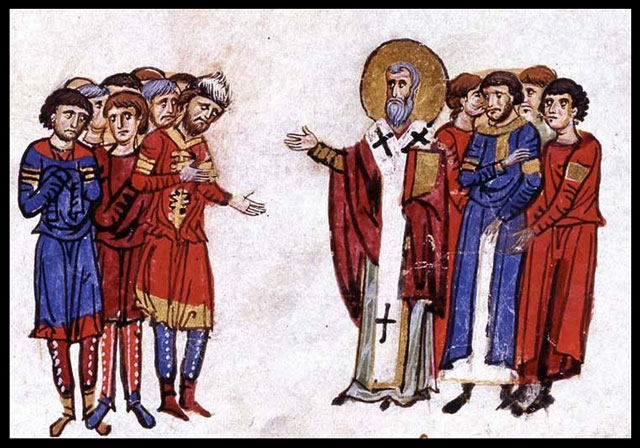 Byzantský biskup káže Bulharům – iluminace z madridského rukopisu kroniky Ioanna Skylitza (12. stol.).